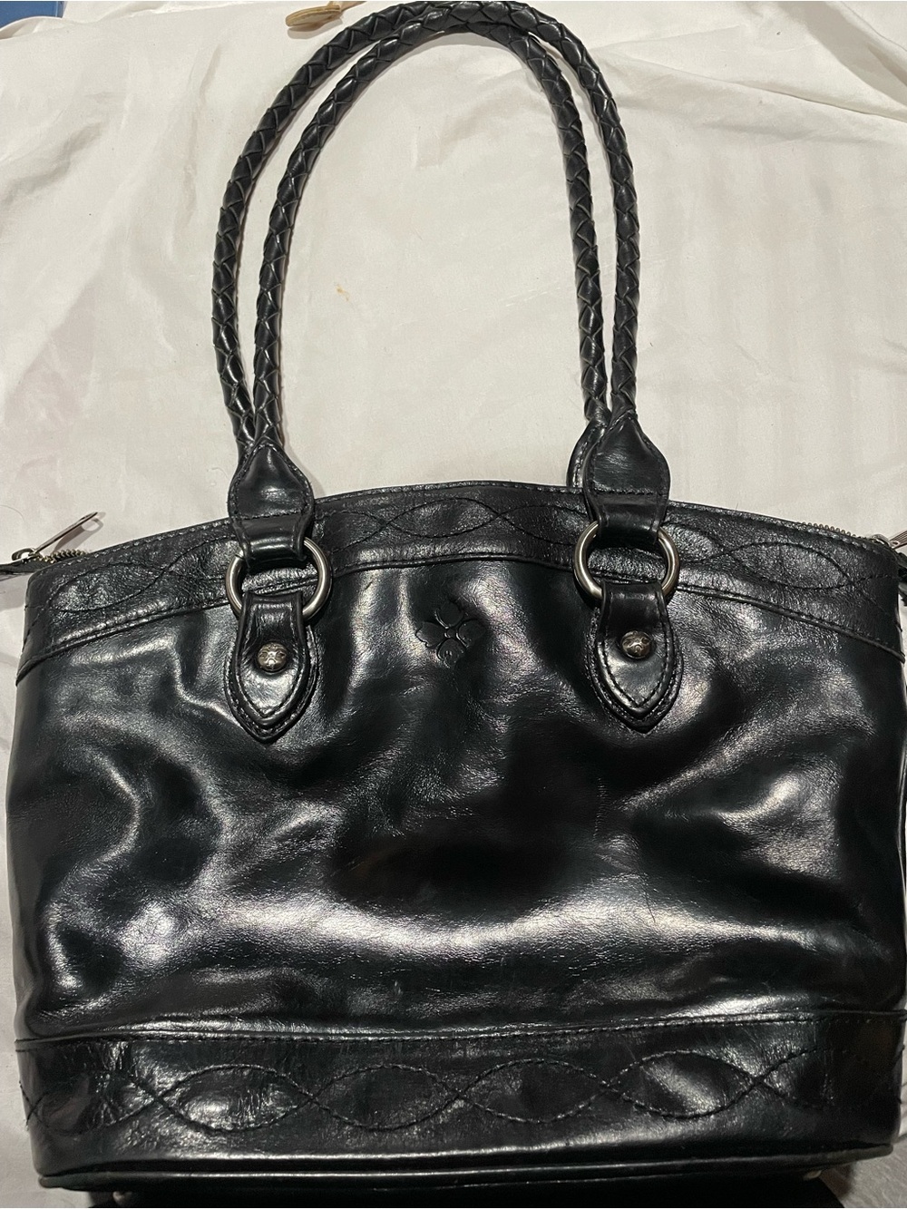 Patricia Nash Tan Suede Interior Handbag with Leather Logo Patch
